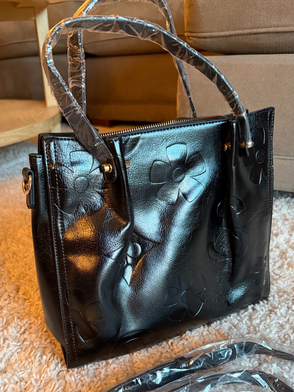 Designer-Style Faux Leather Black Blue Tote Bag with Black Accents